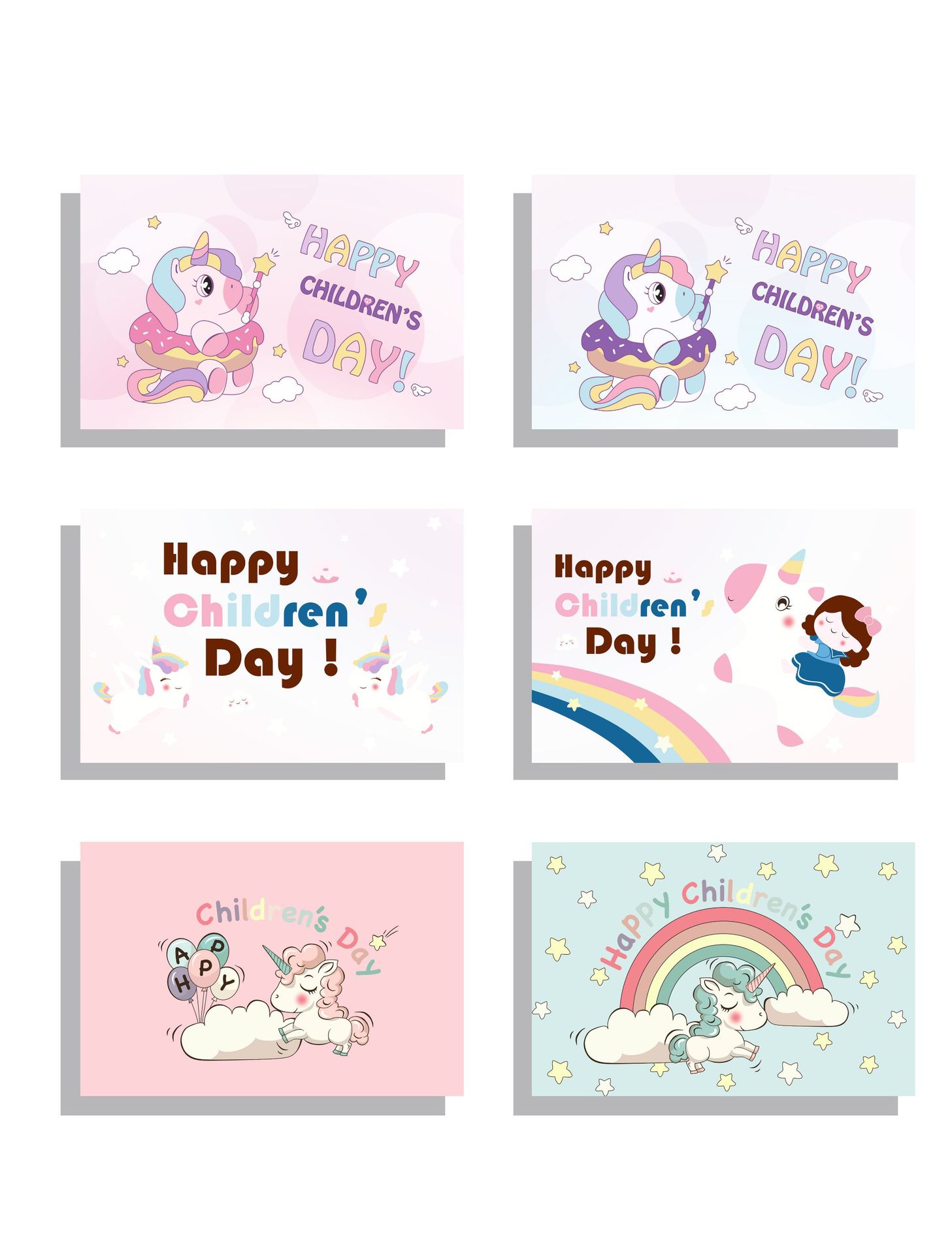 彩虹马宝可梦卡通可爱对折小卡片儿童节贺卡小马带信封套装6张装