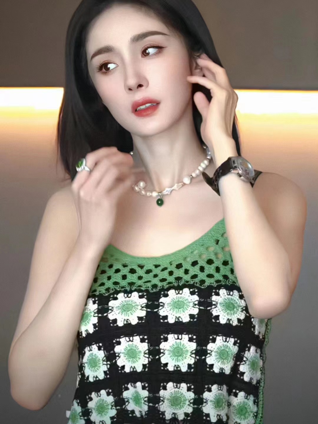 杨幂同款复古绿格纹绑带针织吊带背心女20,,23夏新款辣妹修身短