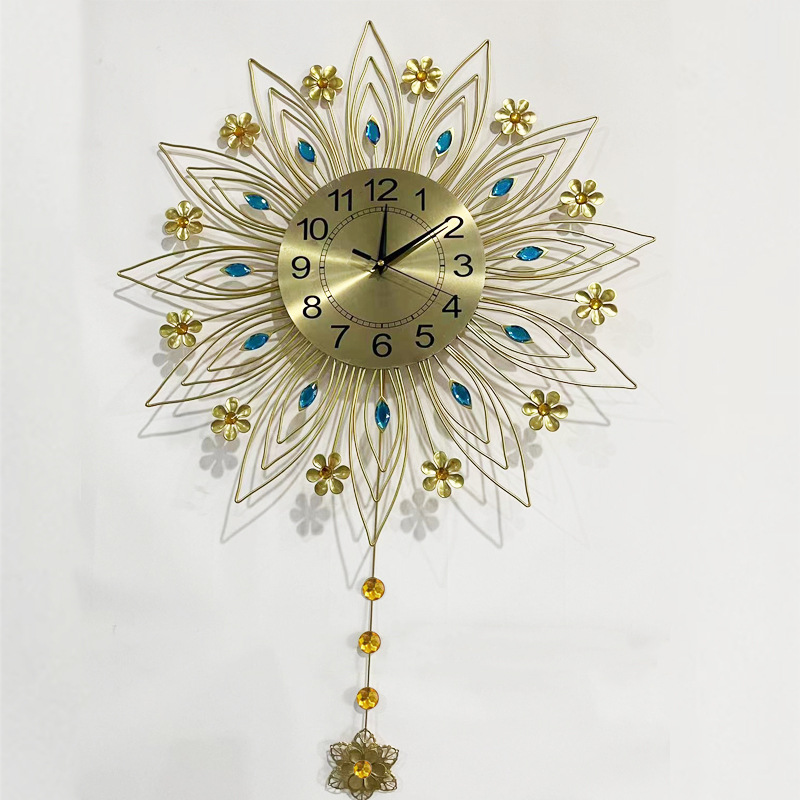 亚马逊爆款铁艺装饰客厅挂钟家用时钟挂墙外贸跨境金属水钻带摇摆