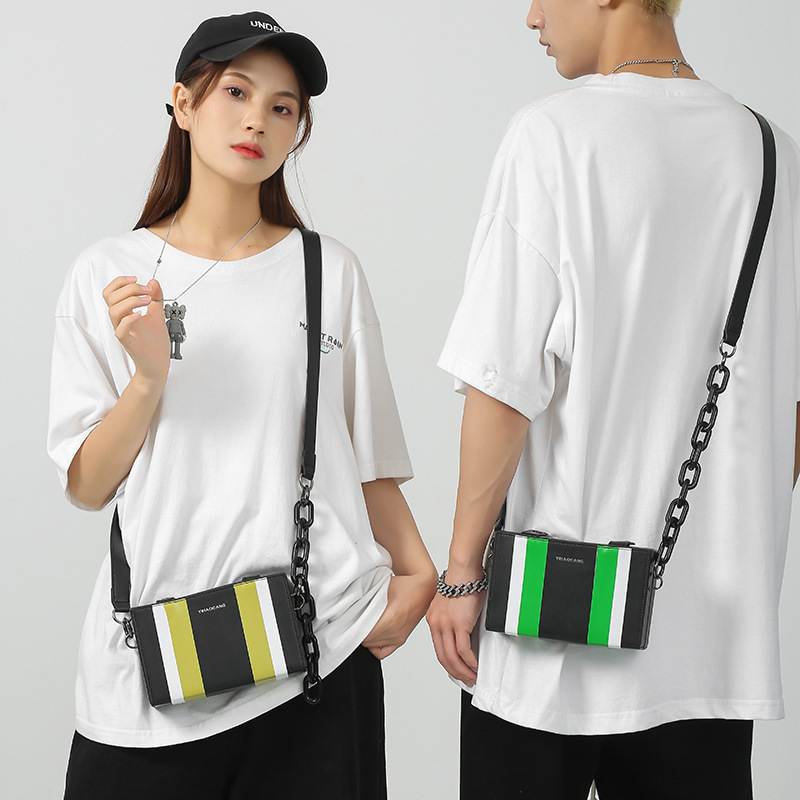 Street Fashion Harajuku Couple Shoulder Bag Pu Contrast Color Stripes Men's Messenger Bag Personality Chain Box Bag Women