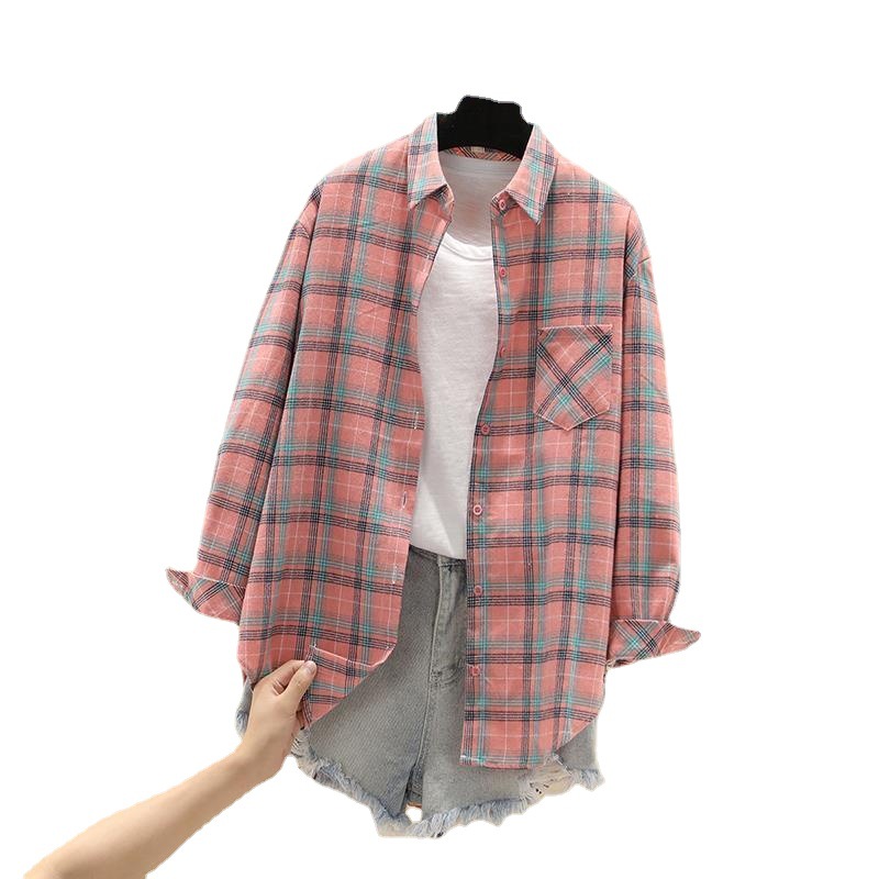 Retro Plaid Shirt Top Women's Spring and Summer Design Sense Niche Long-Sleeved Jacket Loose Polo Shirt Shirt Ins Fashion