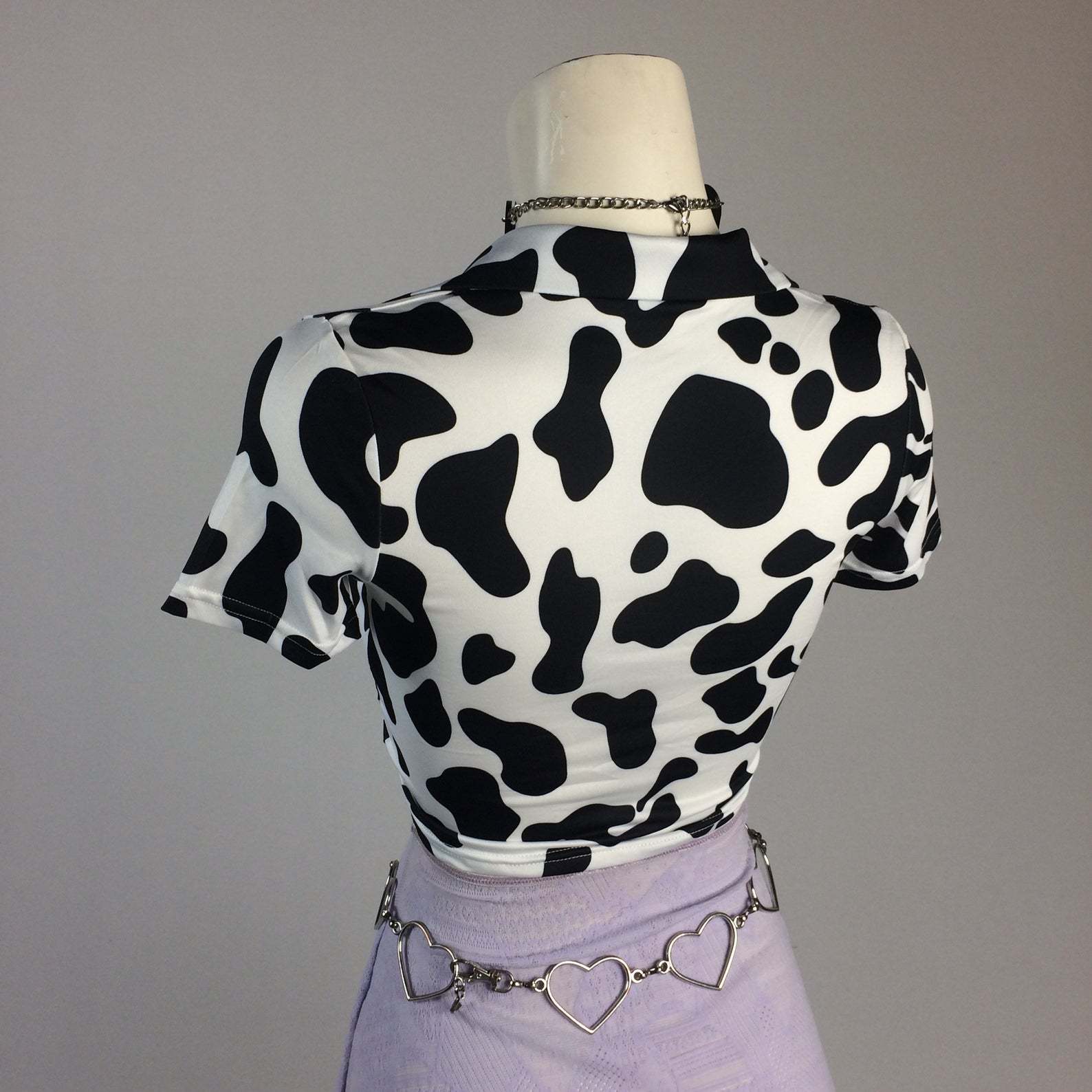 欧美跨境性感奶牛纹印花镂空圆环翻领短t恤短款上衣