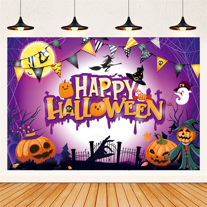 Halloween Banner Background Fabric Festival Party Decorations Pumpkin Clown Bat Banner Horror Bloodhanded Background Fabric