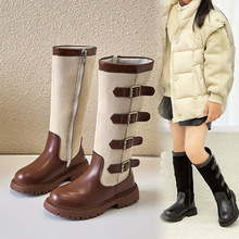 女童靴子2024秋冬新款女孩加绒时装靴英伦风ins小香风儿童高筒靴