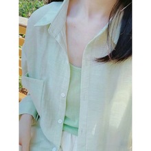 法式绿色薄款防晒衣长袖衬衫女夏装新款宽松显瘦衬衣叠穿上衣外套