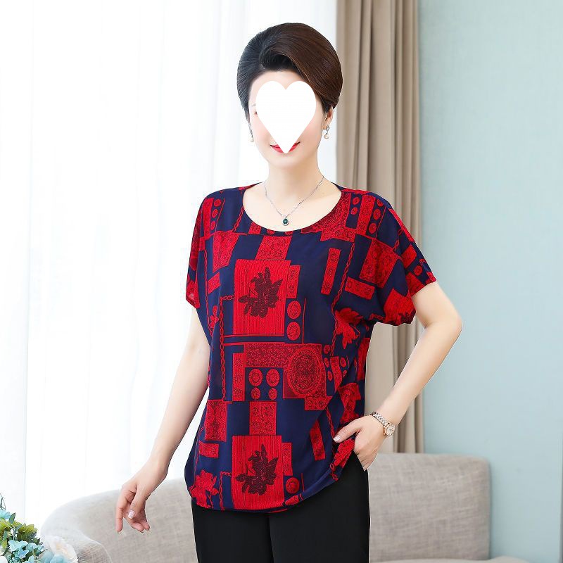 Middle-Aged and Elderly New Short-Sleeved T-shirt plus and Extra Size Mom Wear Summer 100.00kg Loose 2023 Grandma's Clothes Batwing Sleeve