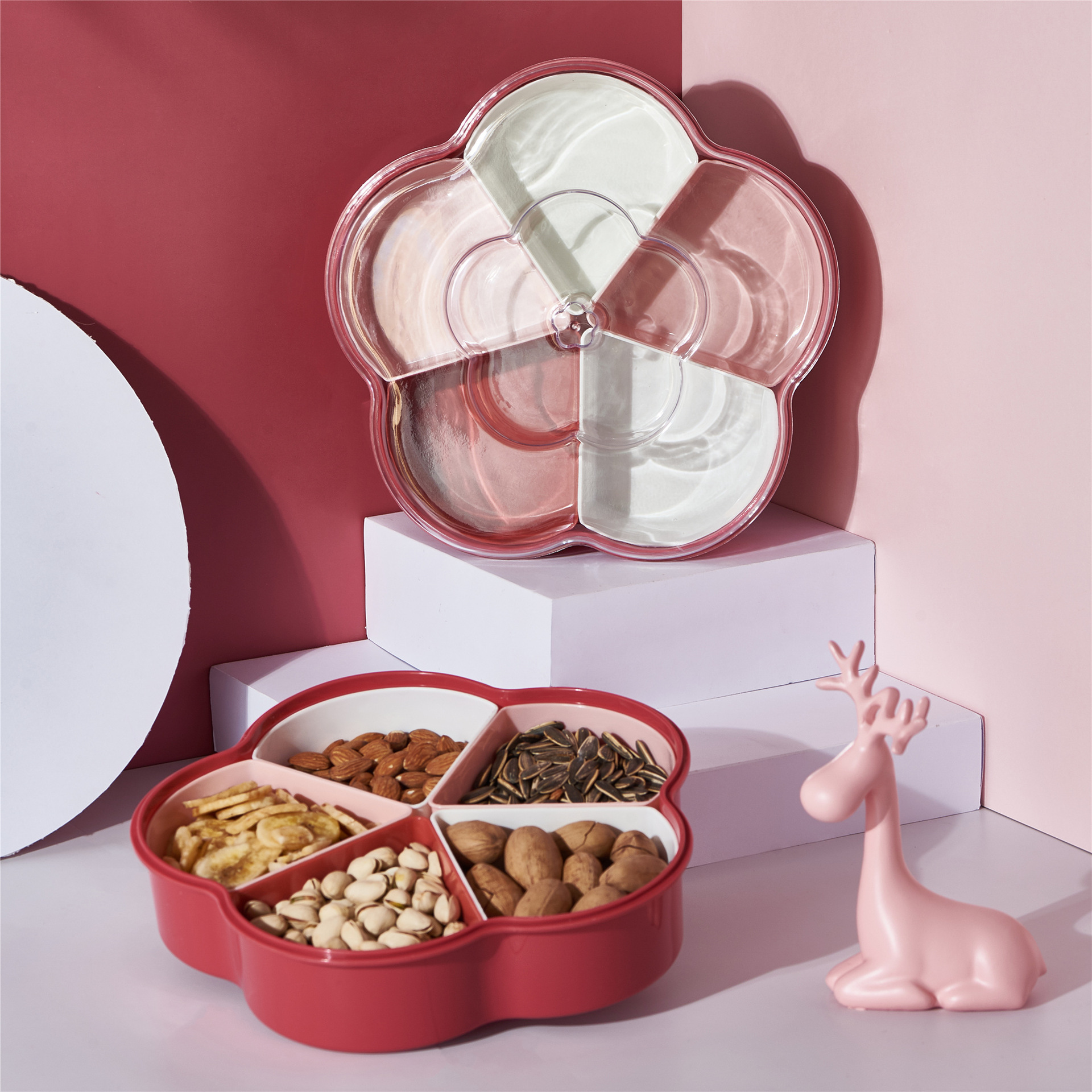 大号零食盒创意梅花形密封带盖分格糖果盒干果盘家用瓜果盘干果盒