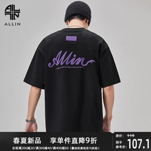 ALLIN 重磅纯棉短袖t恤男女夏季黑色五分袖字母发泡印花半袖上衣