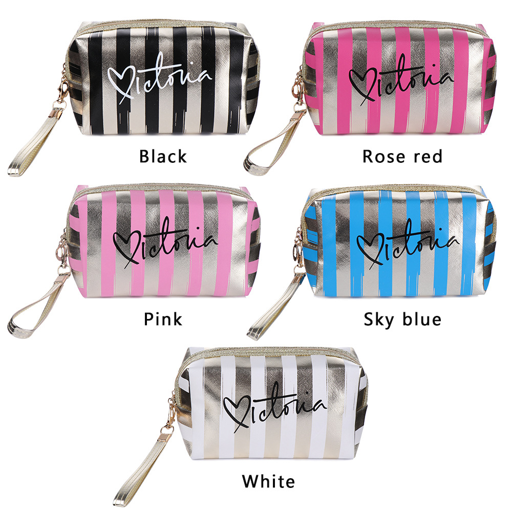 Cross-Border Hot Selling Striped Make-up Bag Pu Wash Bag Multifunctional Cosmetic Bag Waterproof Travel Storage Bag Can Be Customized Logo