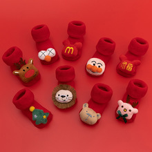 新生婴儿冬款大红色毛圈防滑地板袜宝宝卡通公仔中筒圣诞袜不勒脚