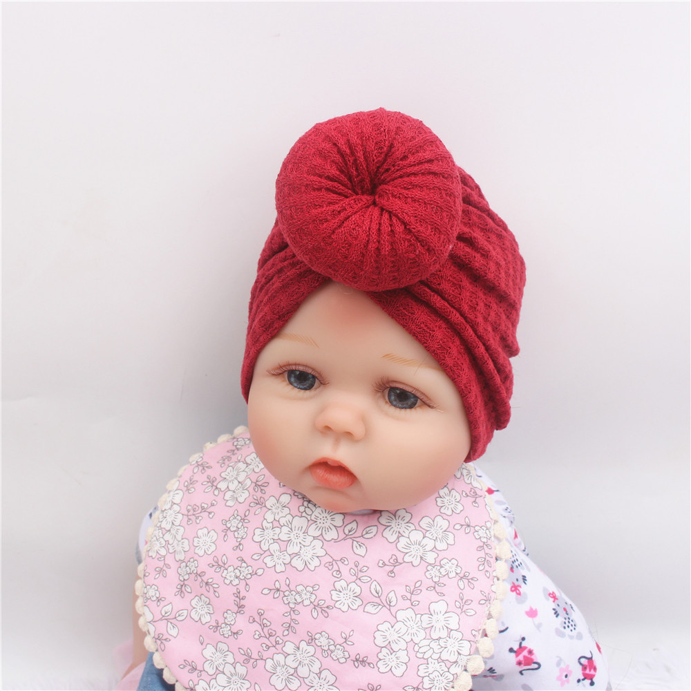 欧美新款儿童华夫格毛线帽子甜甜圈印度套头帽婴儿针织球球帽