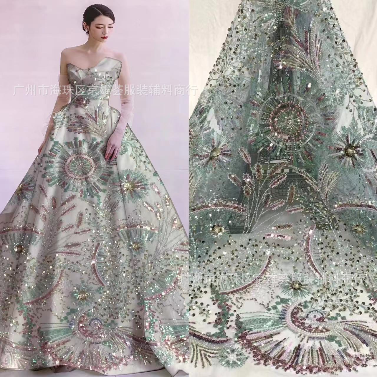 新款 重工珠管绣 网纱多色亮片礼服花婚纱礼服法式服装珠绣面料