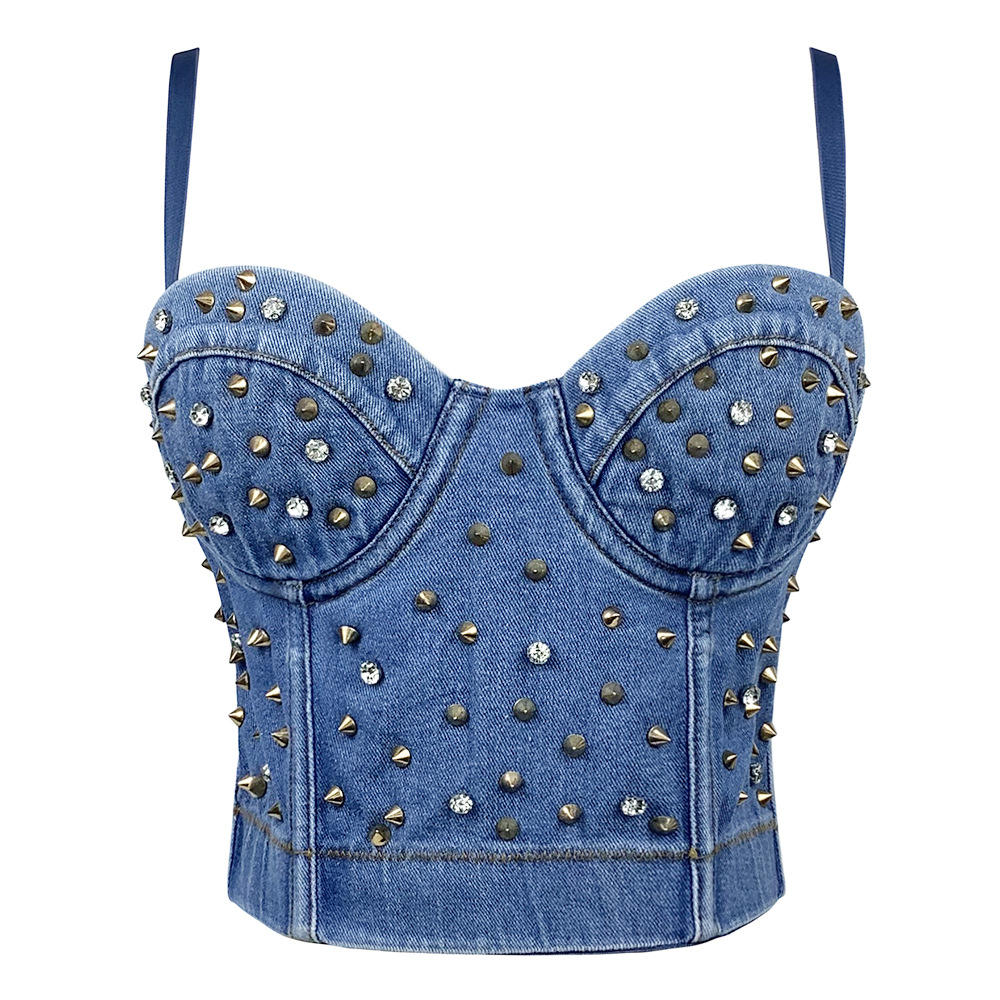 外穿胸衣欧美舞台表演子弹头铆钉性感独特百搭机打牛仔吊带背心女
