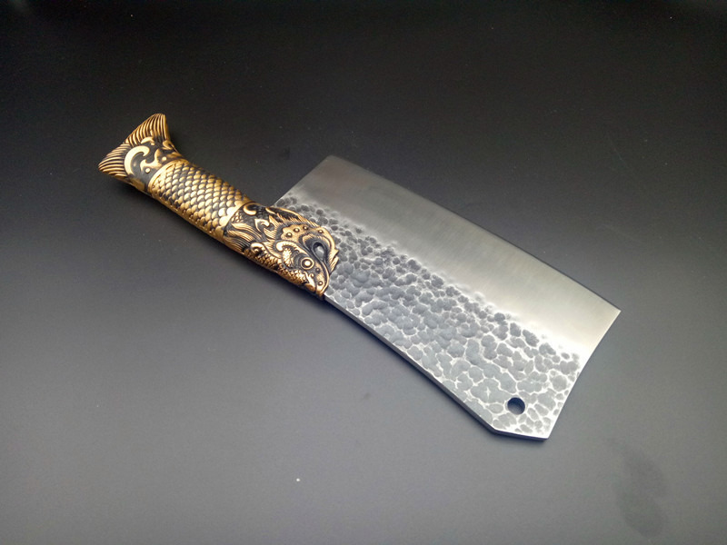 龙泉菜刀套装黄金余全铜手柄精品专业砍骨刀不锈钢斩切双用刀