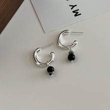 韩版同款C形黑玛瑙圆球耳钉女气质时尚个性C形半圆设计感轻奢耳环