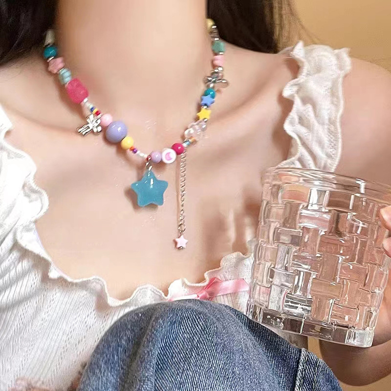 Candy-Colored Dopamine Necklace for Women All-Match Special-Interest Design Beaded Clavicle Chain Sweet Cool Hot Girl Necklace Online Influencer Jewelry