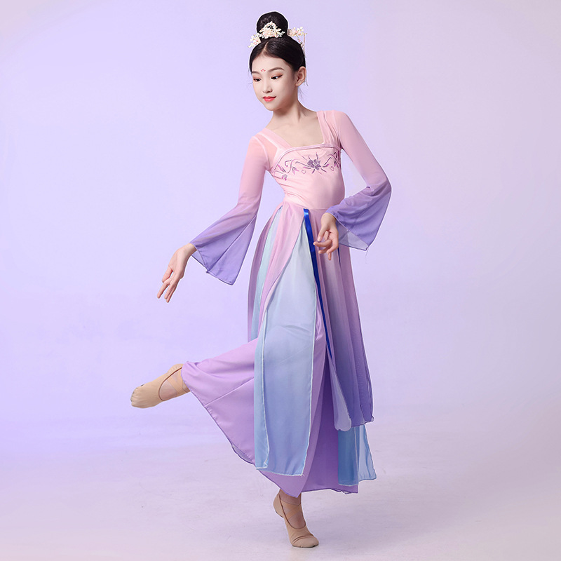 儿童古典舞演出服飘逸纱衣少儿民族练功服唯美扇子舞中国舞演出服