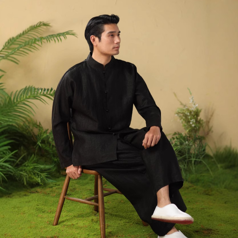 2025中式高端男装套装香云纱男士衬衣春秋桑蚕丝中国风唐装男上衣