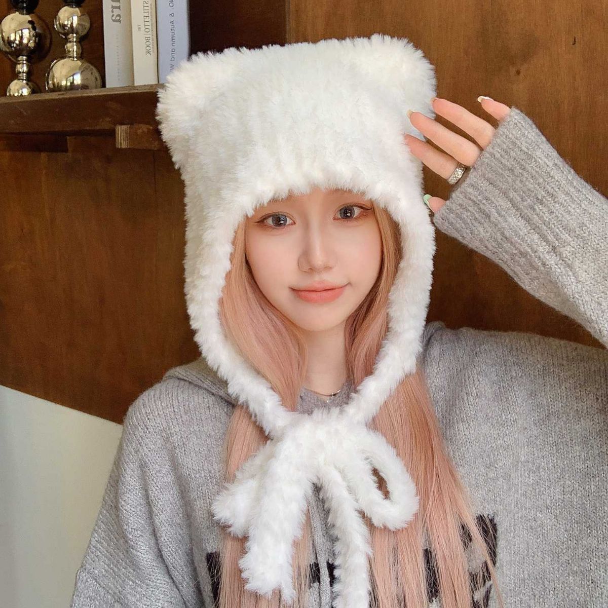 Bear Ears Woolen Knitted Hat Children's Winter Face Slimming Plush Cute Earflaps Warm Big Head Circumference Strap Beanie Hat