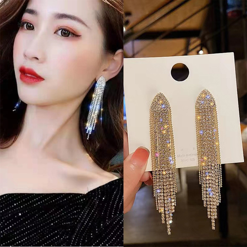 925 Silver Needle Full Diamond Geometric Triangle Earrings European and American Fashion Long Tassel Earrings Net Red Fashion Personalized Earrings Women