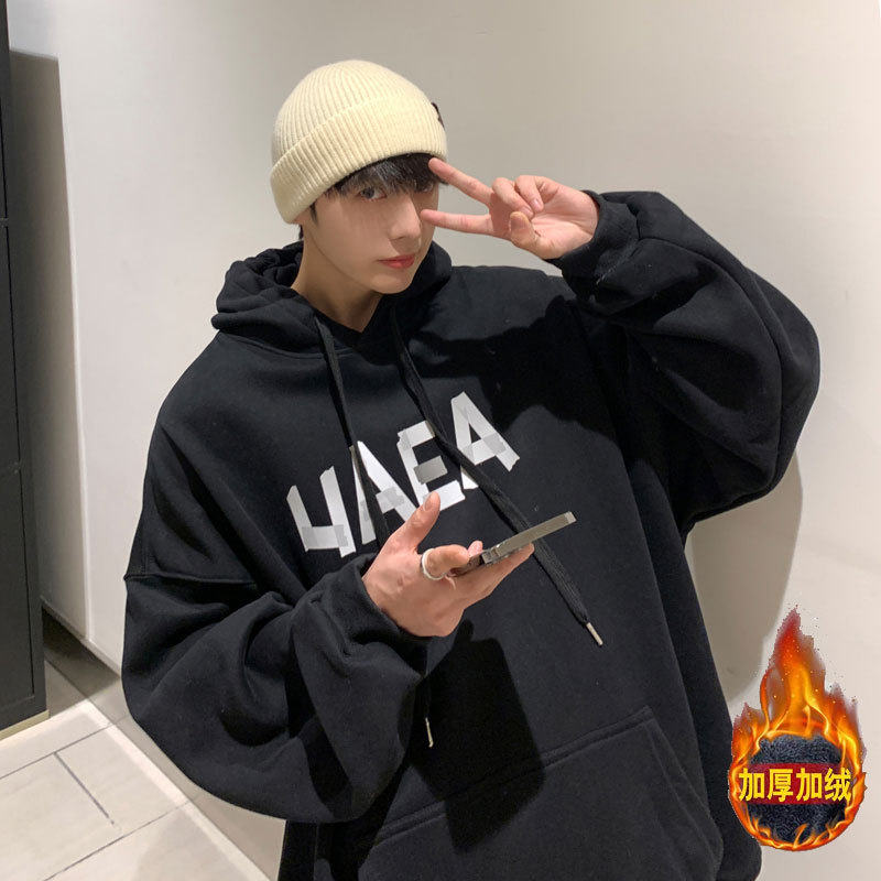 美式hiphop灰色加绒卫衣男连帽秋冬胖子大码oversize戴帽子外套潮