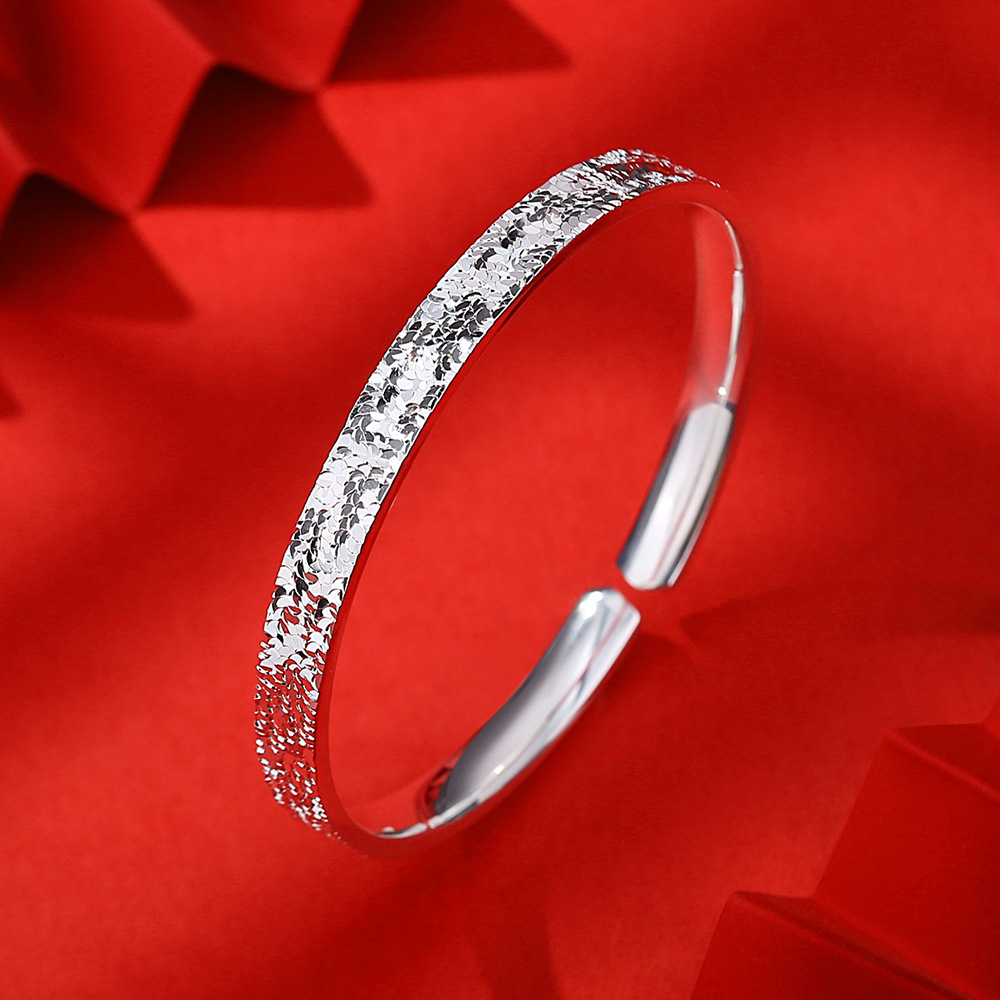 单面碎银手镯女足银9999实心开口碎冰冰银镯子年轻款爆闪时尚轻奢