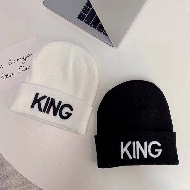 跨境欧美king字母针织帽女士秋冬季queen刺绣保暖套头毛线帽子男