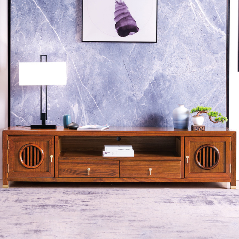实木电视柜 简约现代小户型视听柜 新中式乌金木拉门抽屉电视柜