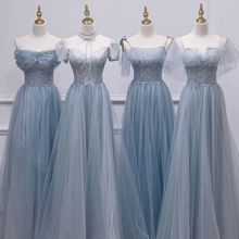 伴娘服蓝色2023新款夏季气质姐妹团伴娘服长款小个礼服裙轻奢