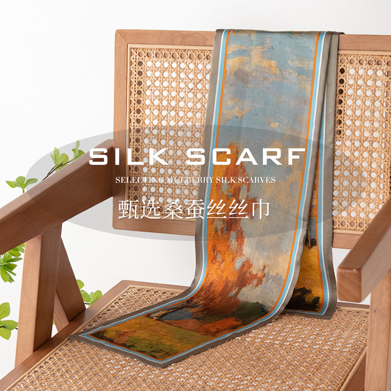 立体花卉丝绸缎面2024春夏真丝丝巾女双层双面围巾细窄长领巾飘带