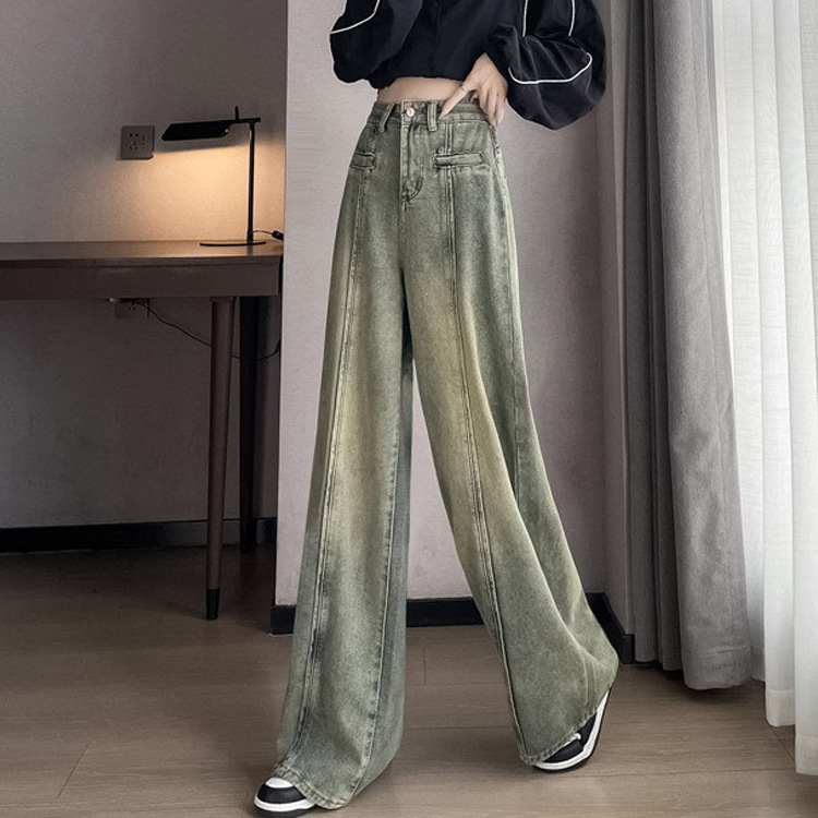 American Retro Yellow Mud Jeans Women's 2023 Design High Waist Slimming Vertical Tube Wide Leg Mop Pants