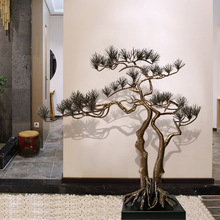 新中式迎客松铁艺摆件酒店客厅玄关过道落地松树雕塑样板房装饰品