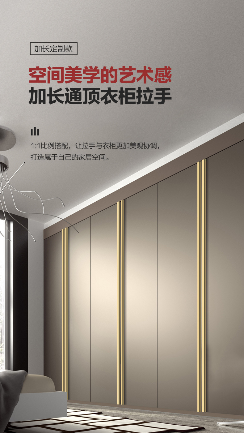 金色通顶大衣柜门加长条把手一门到顶黑色轻奢现代简约衣柜长拉手