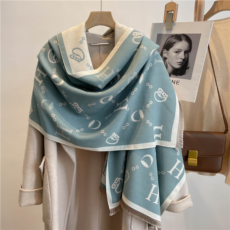 New Small H Letter Artificial Cashmere Scarf Women's Dual-Use New 2022 Air Conditioning Shawl Thickened Warm Scarf Cold Protection