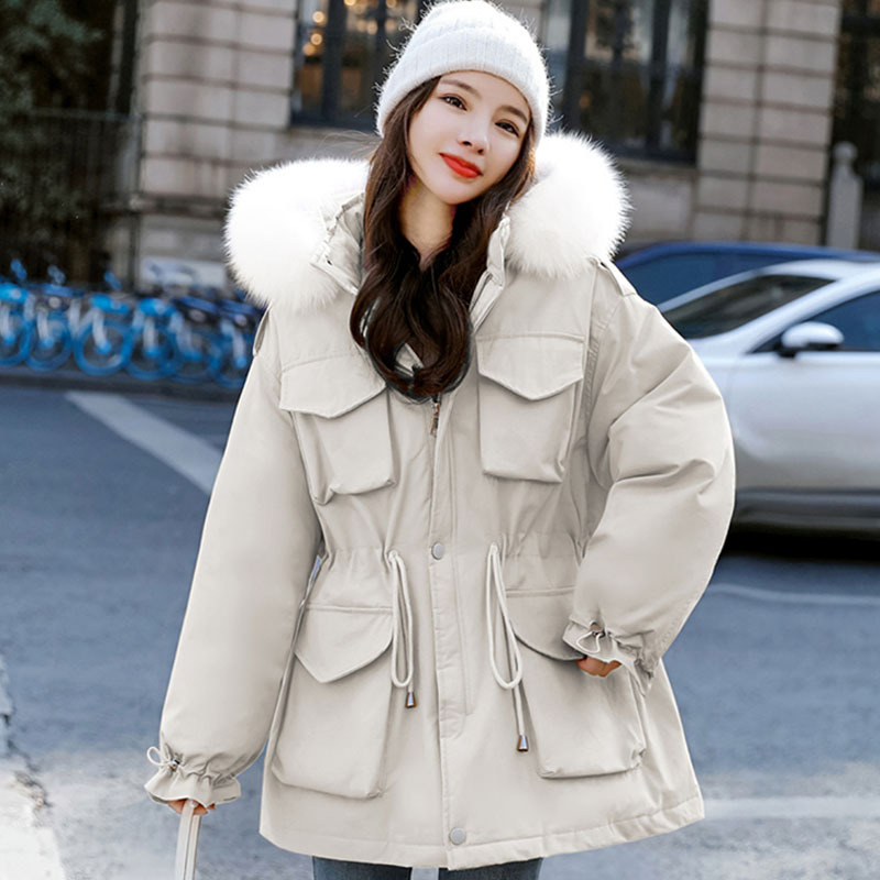 羽绒服女冬中长款直筒型女戴帽子抽绳收腰大毛领狐狸毛宽松大码潮