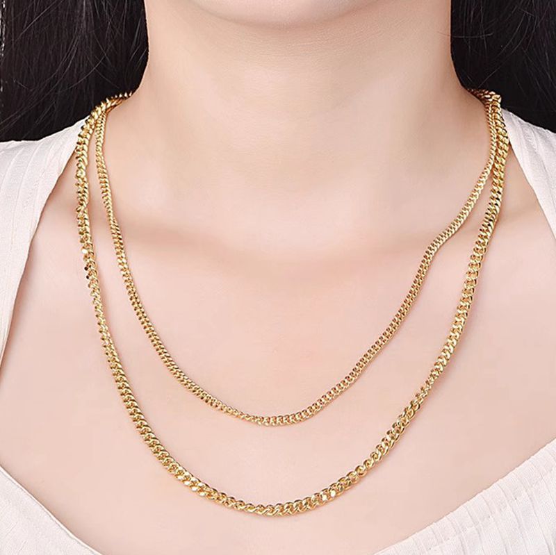 18k黄金古巴项链女欧美风金色嘻哈侧身链素金颈链女士锁骨链粗链