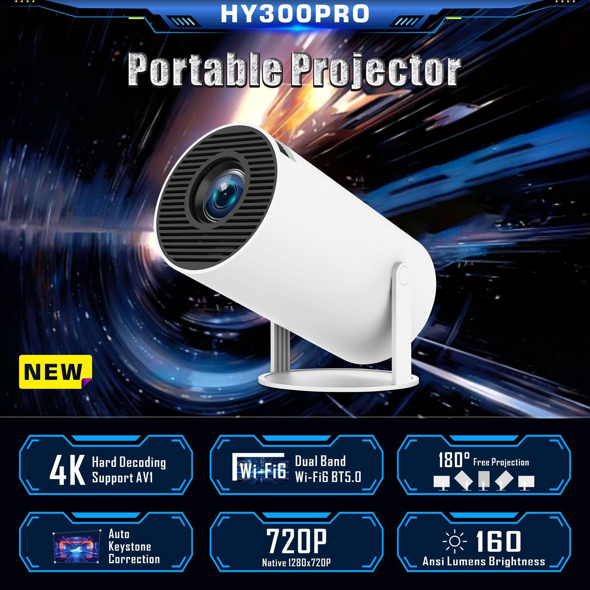 跨境HY300pro投影仪 A008便携式家庭投影仪户外4K超高清projector