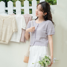 实拍夏季法式设计感洋气甜美小衫镂空小众短款薄款短袖针织衫开衫