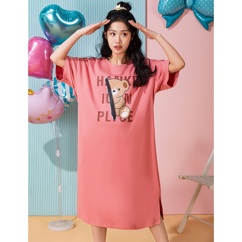 Summer Thin Nightdress Women's Modal with Chest Pad Short Sleeve Outer Wear Mid-Length Pajamas Cartoon plus Size Homewear