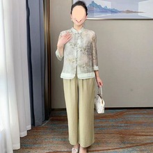 妈妈春夏装中国风套装衬衫新中式上衣中袖中老年女洋气显瘦两件套