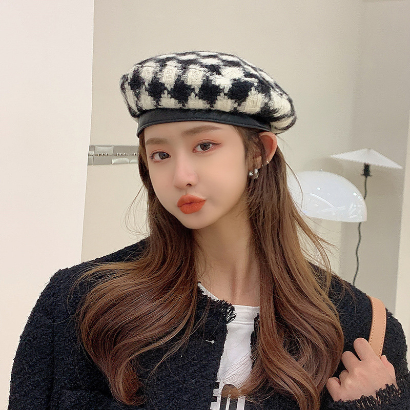 Internet Celebrity Leather Edge Beret Women's Autumn and Winter Wool Knitted Beret Japanese Style All-Matching Fashion Houndstooth Painter Hat