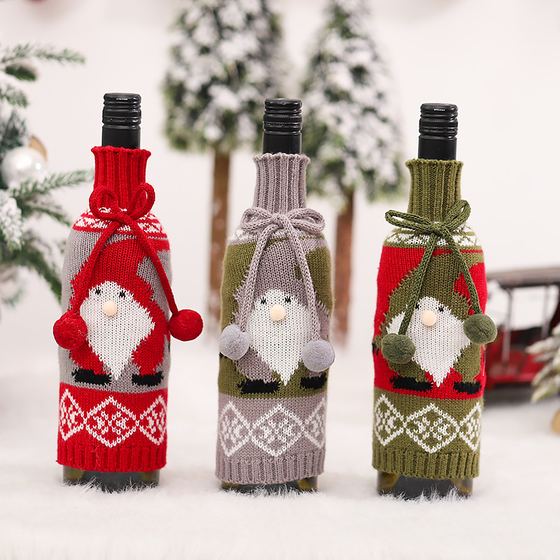 Cross-Border New Christmas Decorations Creative Bowknot Knitted Faceless Old Man Doll Wine Bottle Cover Dining-Table Decoration