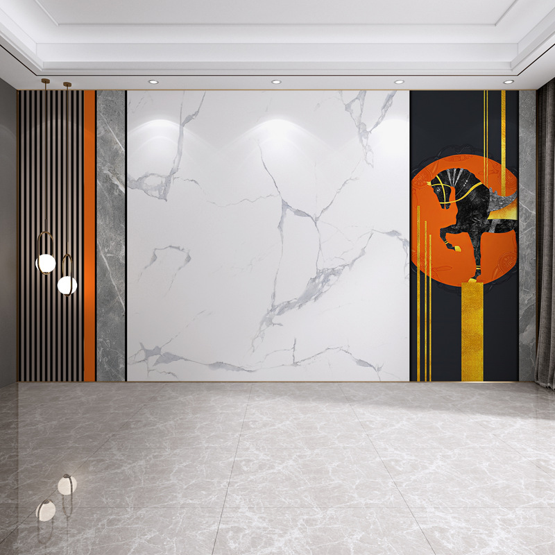 新款轻奢电视背景墙纸爱马仕橙边框大气高端壁布卧室床头背景墙布