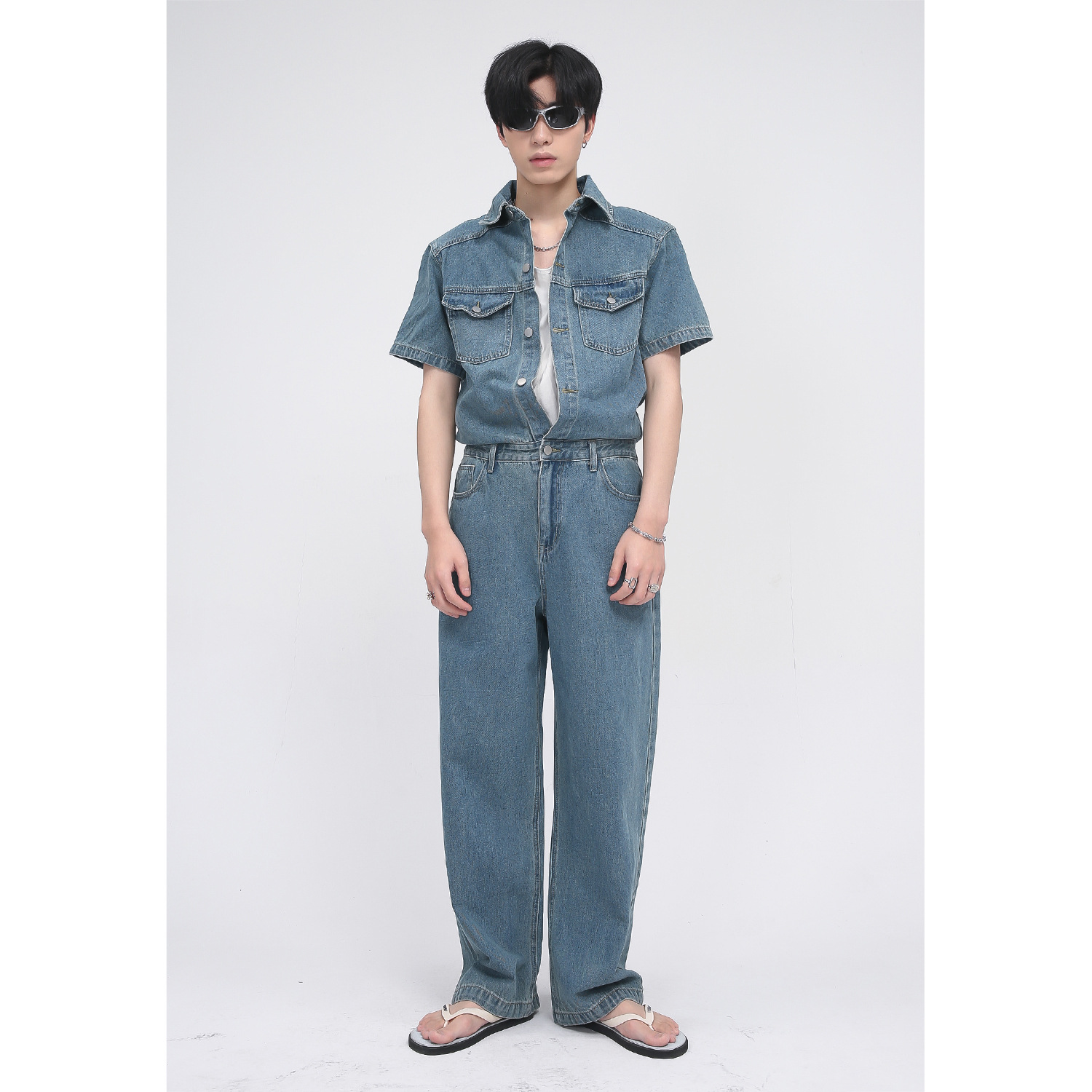 mtlclothes男装|2022夏款新品 韩版宽松个性痞帅短袖连体牛仔裤男