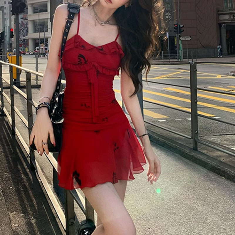 2024夏新款 浪漫野心家 长短款红色吊带连衣裙女纯欲风短裙小个子