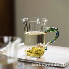 龙年绿茶杯玻璃杯 家用高硼硅泡茶杯 带把手透明高颜值高端水杯子