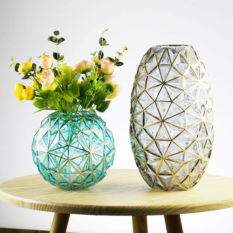 欧式创意透明玻璃餐桌网红花瓶轻奢描金客厅插鲜花干花复古摆件