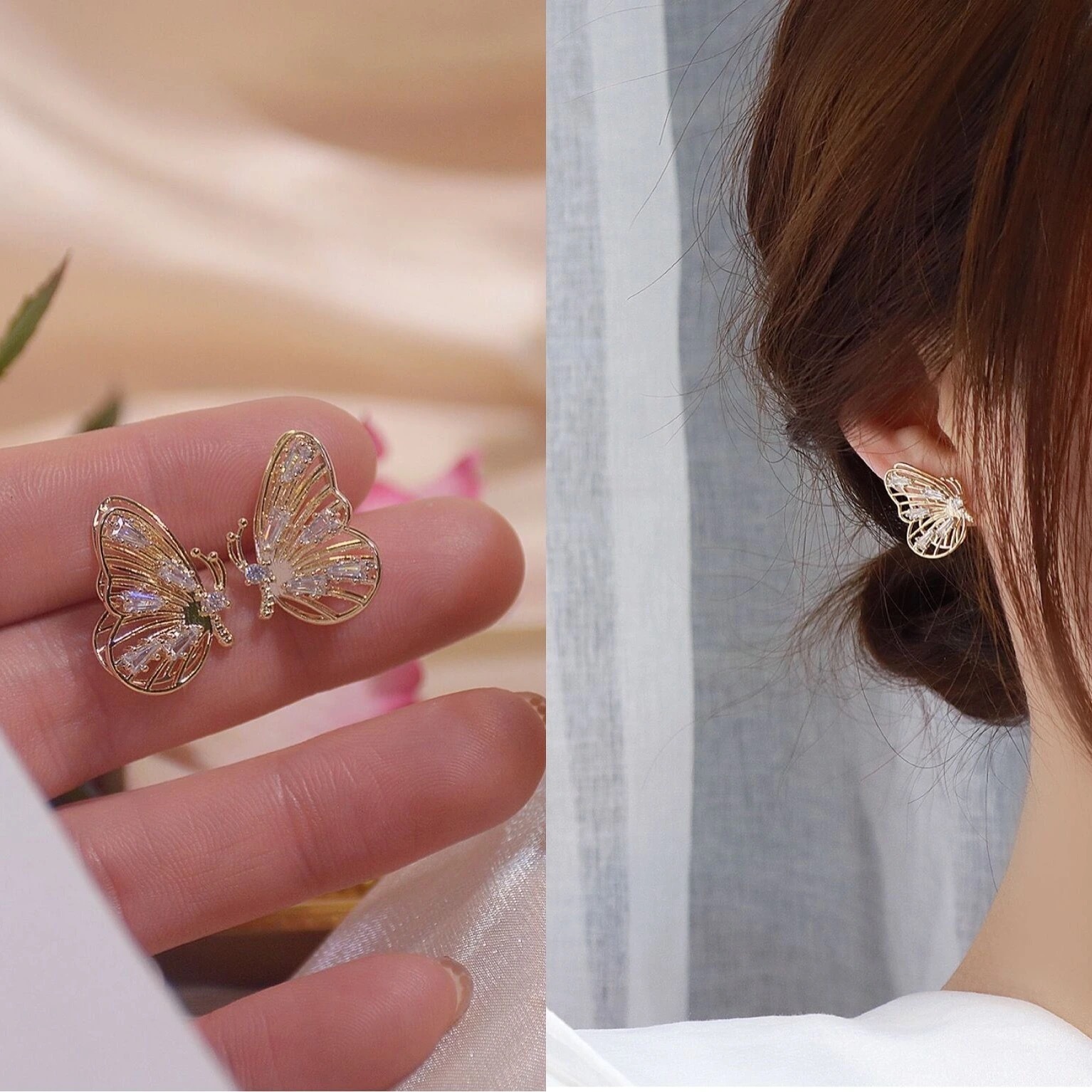 925银针精致蝴蝶耳钉超仙闪钻个性耳环女简约冷淡风韩国新款耳饰