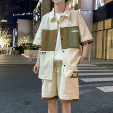 夏季新款短袖套装男潮流宽松学生夏天衣服翻领短袖衬衫短裤两件套