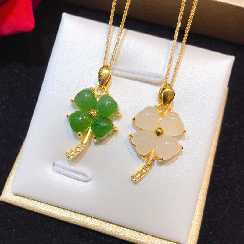 999足金镶玉四叶草项链吊坠黄金和田玉挂坠女24k纯金锁骨七夕送礼